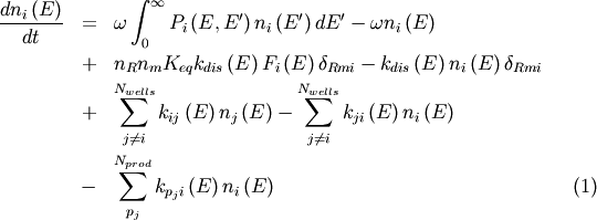 \begin{eqnarray}
\frac{ d n_i \left(E\right) }{dt} &=& \omega \int_0^\infty P_i\left(E,E^\prime \right) n_i \left( E^\prime \right) dE^\prime - \omega n_i \left( E \right) \nonumber \\
&+& n_R n_m K_{eq} k_{dis} \left( E \right) F_i \left( E \right)\delta_{Rmi} - k_{dis} \left( E \right) n_i \left(E\right)\delta_{Rmi} \nonumber \\
&+&  \sum_{j \ne i}^{N_{wells}} k_{ij} \left( E \right) n_j \left( E \right) - \sum_{j \ne i}^{N_{wells}} k_{ji} \left( E \right) n_i \left( E \right) \nonumber \\
&-& \sum_{p_j}^{N_{prod}} k_{p_ji} \left( E \right) n_i \left( E \right) \label{eqn:ME}
\end{eqnarray}