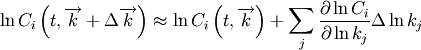 \ln C_i \left( t,\overrightarrow{k} + \Delta \overrightarrow{k} \right) \approx \ln C_i \left( t,\overrightarrow{k} \right) + \sum_j \frac{\partial \ln C_i}{\partial \ln k_j} \Delta \ln k_j